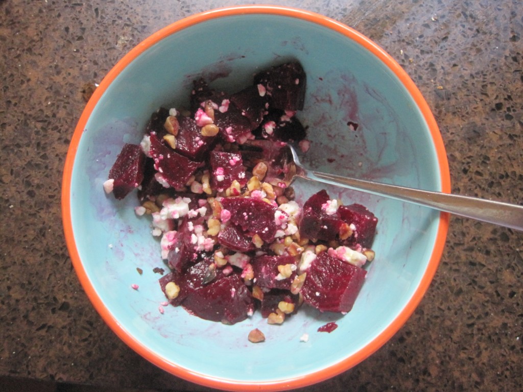 Chopped beets with feta and walnuts